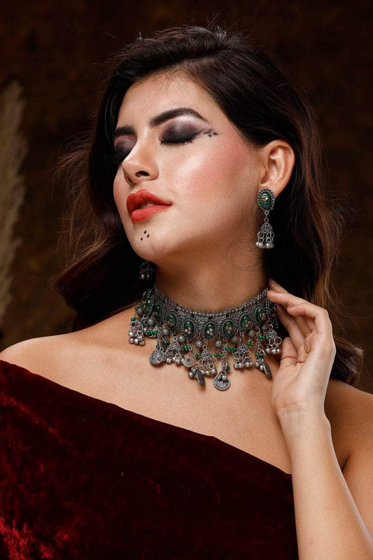 Silver Plated Stone Studded Choker Jewellery Set