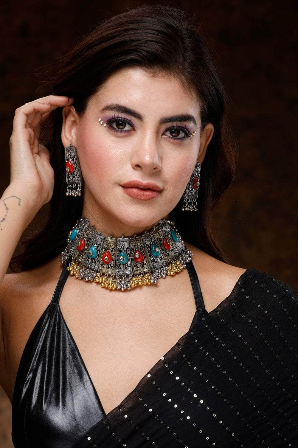 Silver-Plated Crystal-Studded Oxidised  Choker Jewellery Set