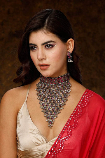 Mirror Studded Handcrafted Tasselled Design Oxidised Silver Plated Afghan Jewellery Set