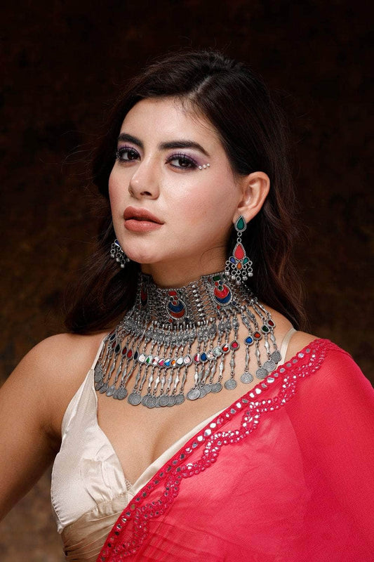 Meenakari Work Afghan Tribal Design Oxidised Silver Plated Handcrafted Jewellery Set