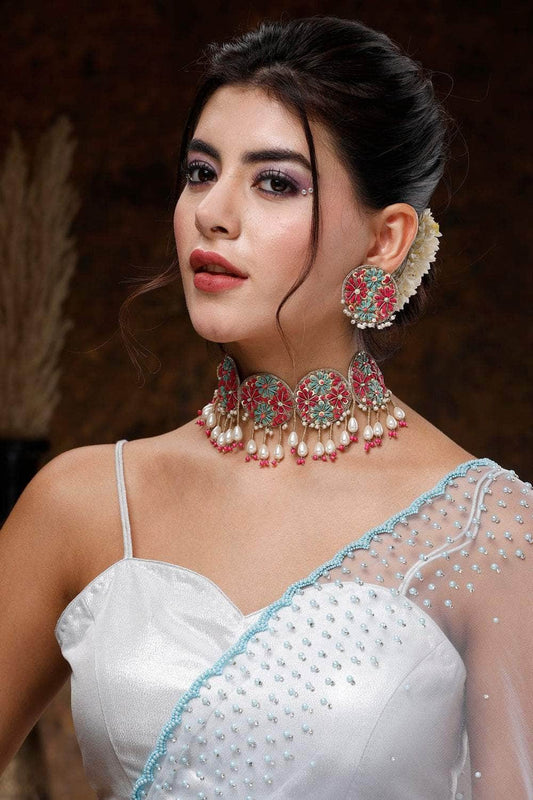 Multi Colored Handcrafted Dabka & Resham Thread Work Choker Jewellery Set