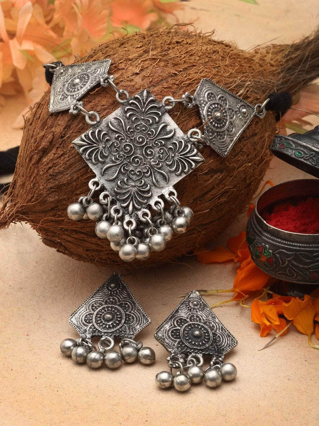 Ghungroo Studded Filigree Work Oxidised Silver Plated Handcrafted Antique Jewellery Set