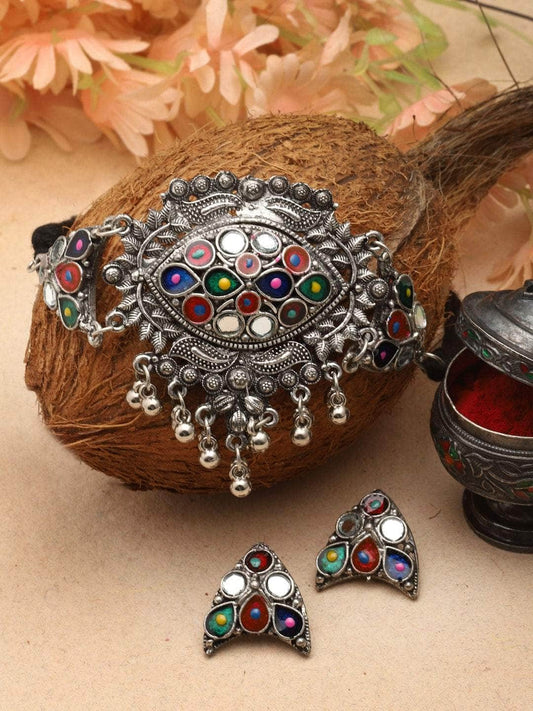 Multi Colored Meenakari Work Ghungroo & Mirrors Studded Oxidised Jewellery Set