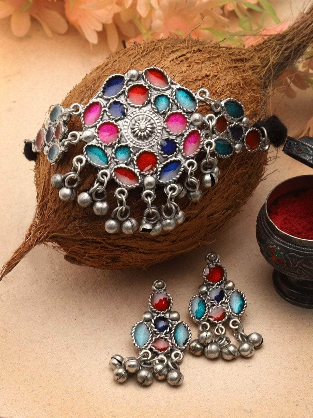 Multi Colored Meenakari Work Ghungroo Studded Oxidised Jewellery Set