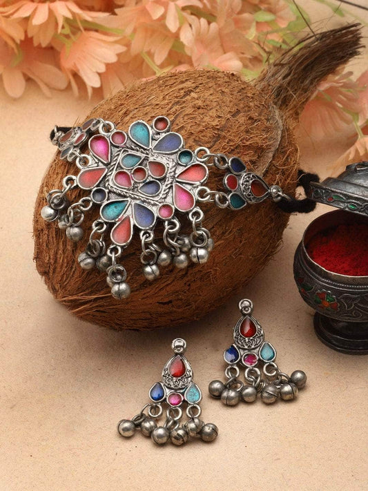 Multi Colored Meenakari Work Ghungroo Studded Oxidised Jewellery Set