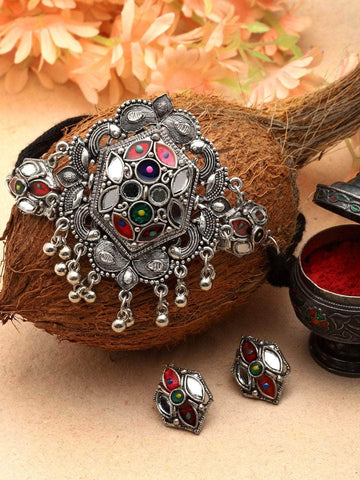 Multi Colored Meenakari Work Ghungroo & Mirrors Studded Oxidised Jewellery Set