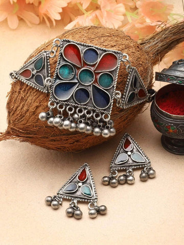 Multi Colored Meenakari Work Ghungroo Studded Oxidised Jewellery Set