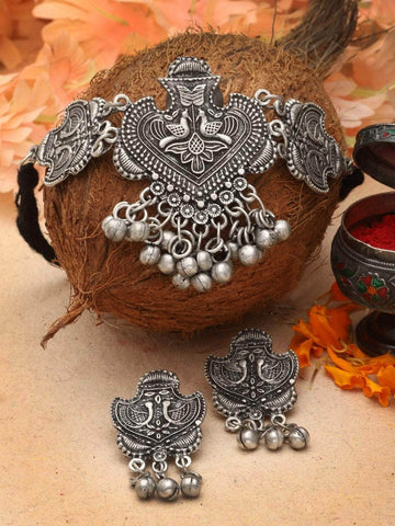 Ghungroo Studded Filigree Work Oxidised Silver Plated Handcrafted Antique Jewellery Set