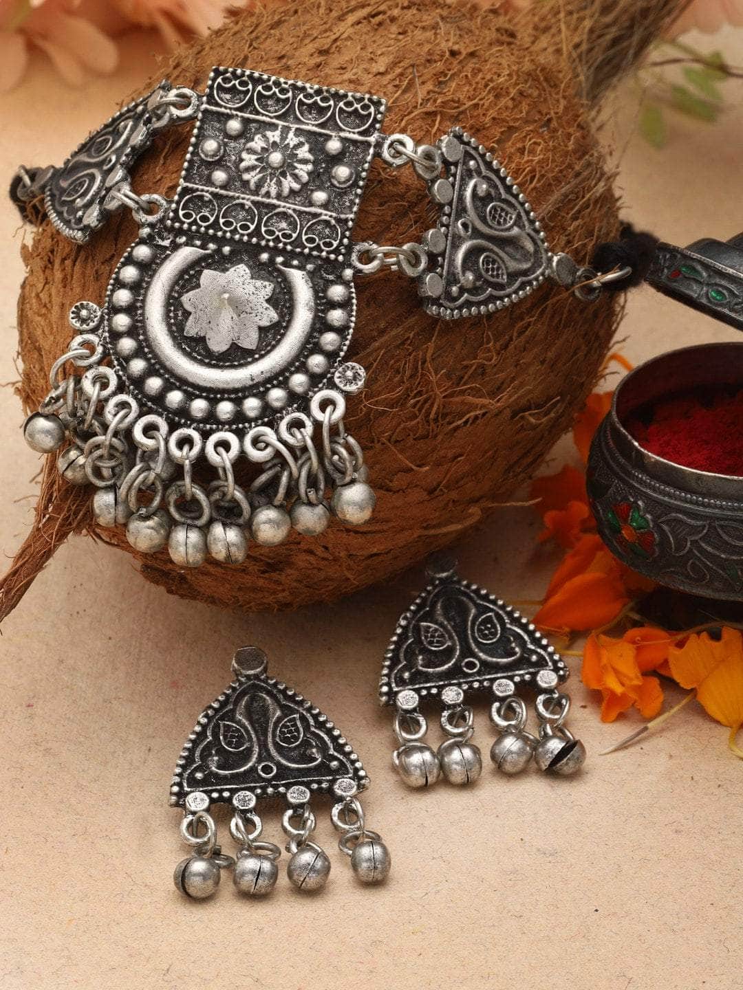 Ghungroo Studded Filigree Work Oxidised Silver Plated Choker Jewellery Set