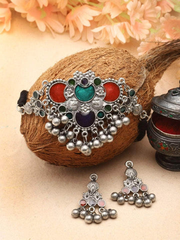 Multi Colored Meenakari Work Ghungroo Studded Oxidised  Choker Jewellery Set