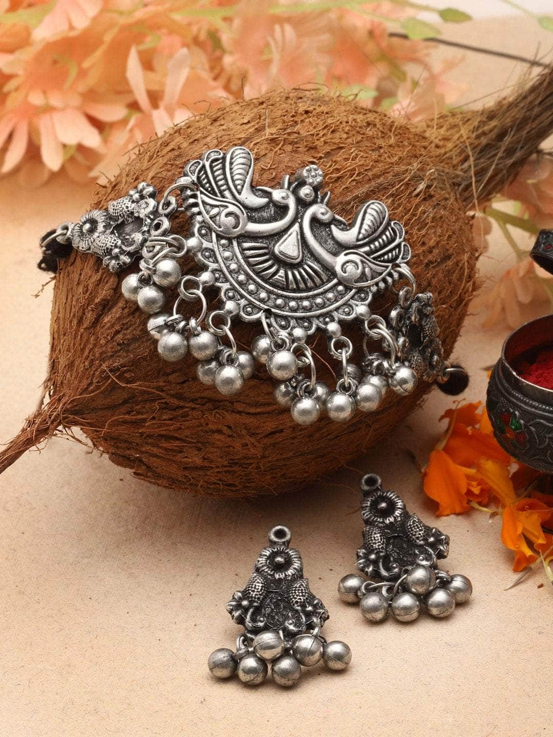 Ghungroo Studded Oxidised Silver Plated Choker Jewellery Set