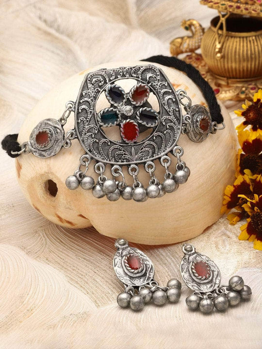 Multi Colored Meenakari Work Ghungroo Studded Oxidised  Choker Jewellery Set