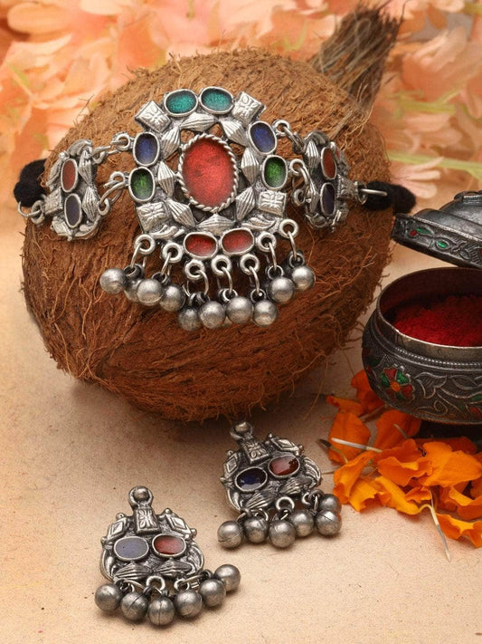 Multi Colored Meenakari Work Ghungroo Studded Oxidised  Choker Jewellery Set