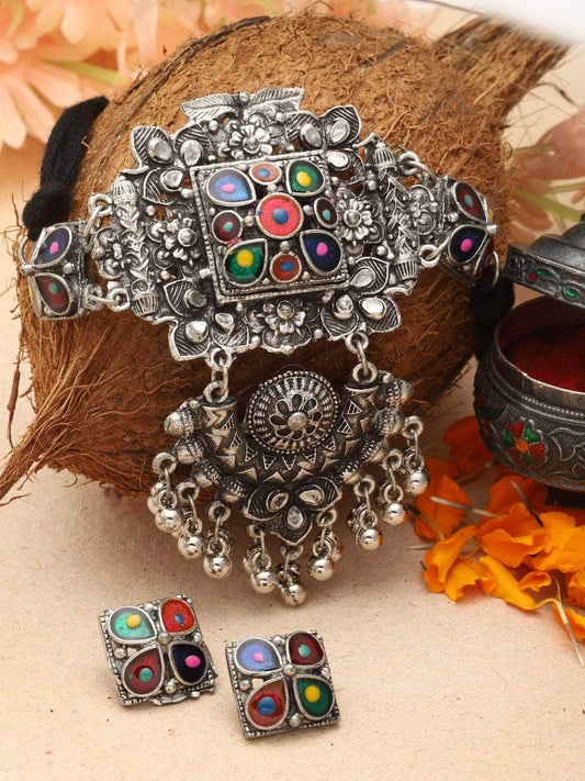 Multi Colored Meenakari Work Ghungroo Studded Oxidised Jewellery Set
