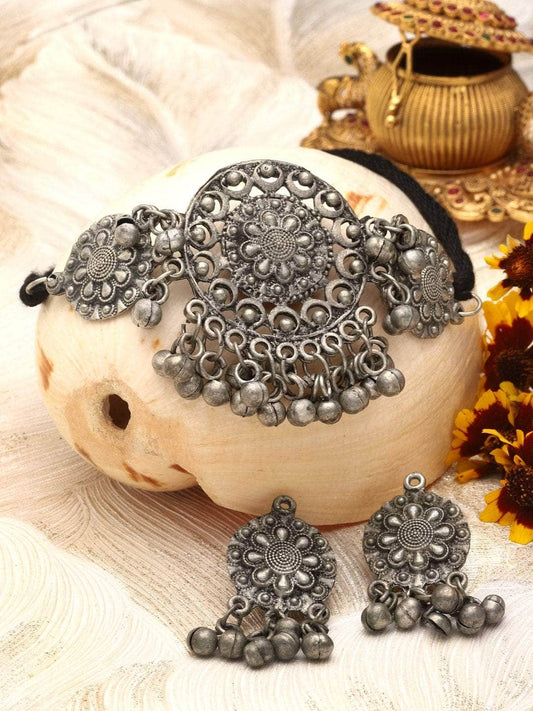 Ghungroo Studded Oxidised Silver Plated Choker Jewellery Set