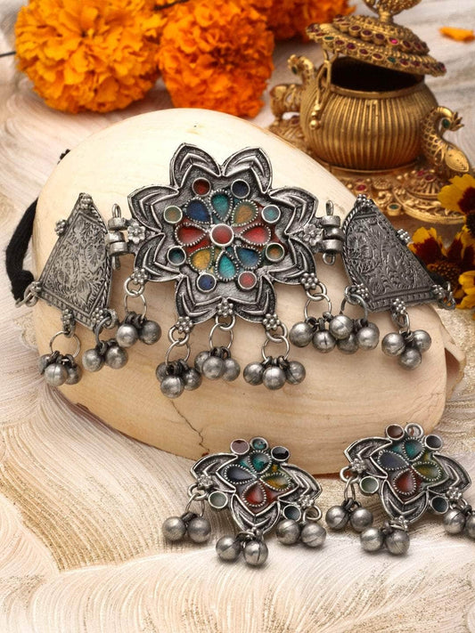 Multi Colored Meenakari Work Ghungroo Studded Oxidised  Choker Jewellery Set