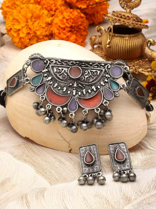 Multi Colored Meenakari Work Ghungroo Studded Oxidised  Choker Jewellery Set