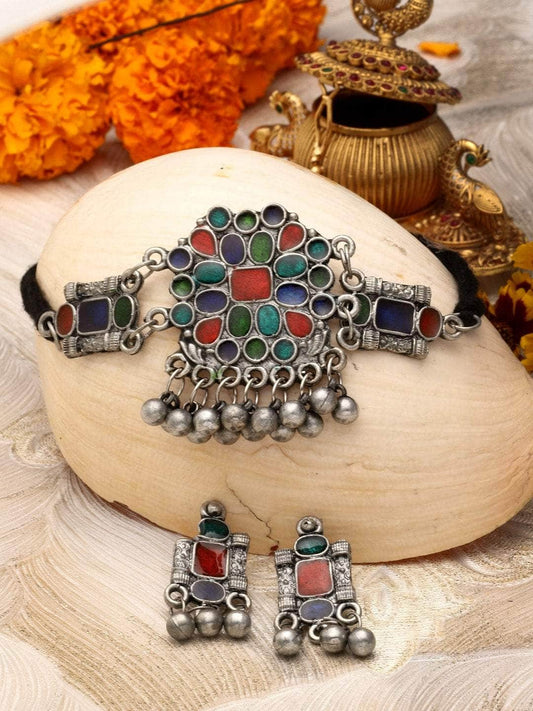 Multi Colored Meenakari Work Ghungroo Studded Oxidised  Choker Jewellery Set