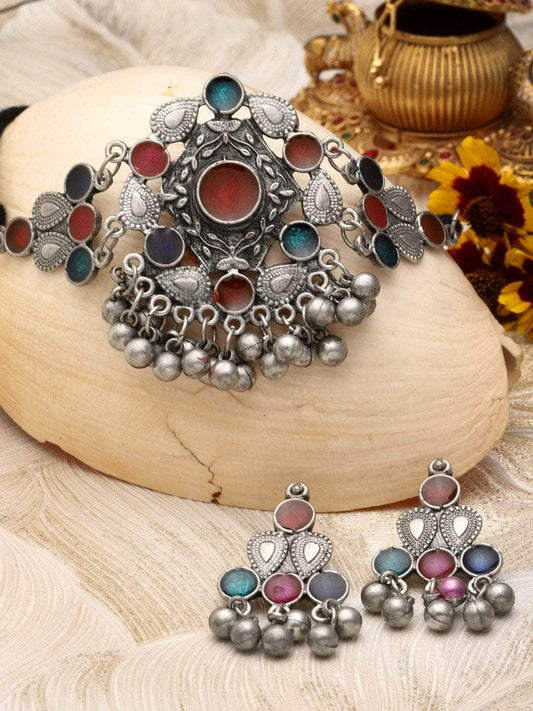 Multi Colored Meenakari Work Ghungroo Studded Oxidised  Choker Jewellery Set