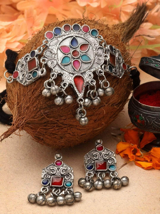 Multi Colored Meenakari Work Ghungroo Studded Oxidised  Choker Jewellery Set