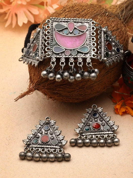 Multi Colored Meenakari Work Ghungroo Studded Oxidised  Choker Jewellery Set