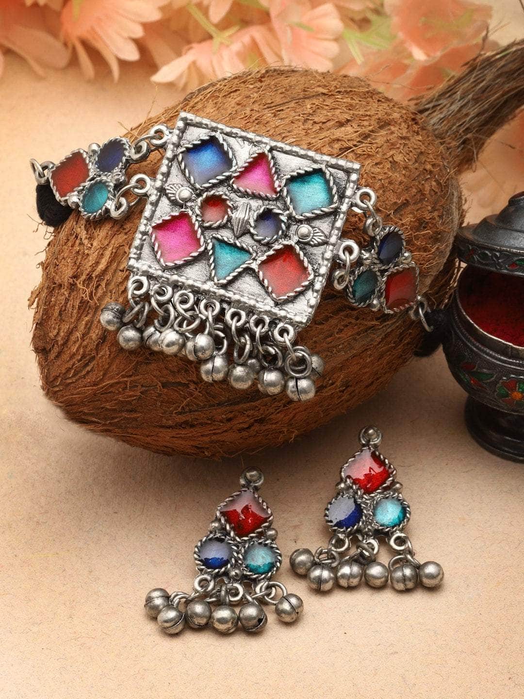 Multi Colored Meenakari Work Ghungroo Studded Oxidised  Choker Jewellery Set