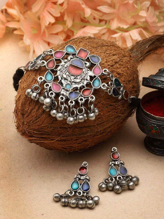 Multi Colored Meenakari Work Ghungroo Studded Oxidised  Choker Jewellery Set