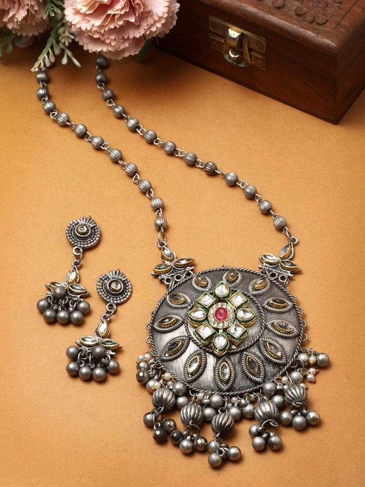 Silver-Plated Stone-Studded Oxidised Necklace & Earrings Set