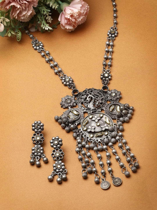Silver-Plated Stone-Studded Oxidised Necklace & Earrings Set