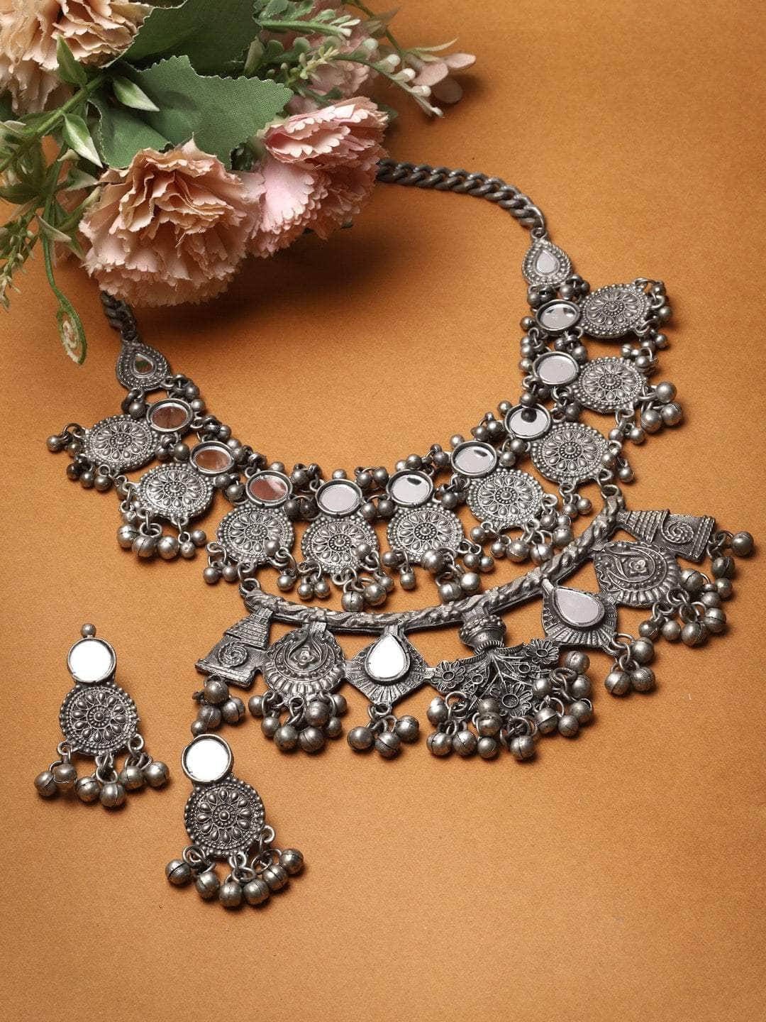 Silver-Plated Mirrors & Ghungroo Studded Oxidised Jewellery Set