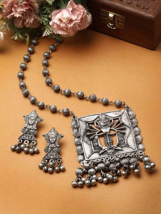 Temple Design Silver Plated Handcrafted Tasselled Jewellery Set