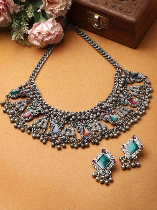 Multi Colored Silver Plated Choker Jewellery Set