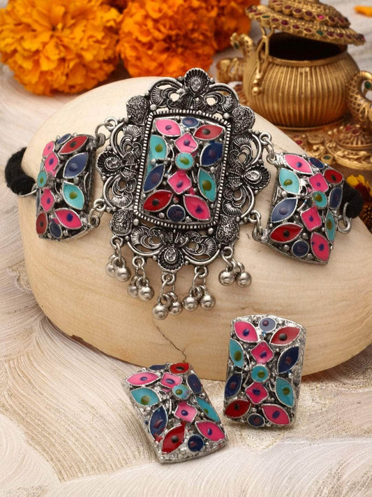 Multi Colored Silver Plated Choker Jewellery Set