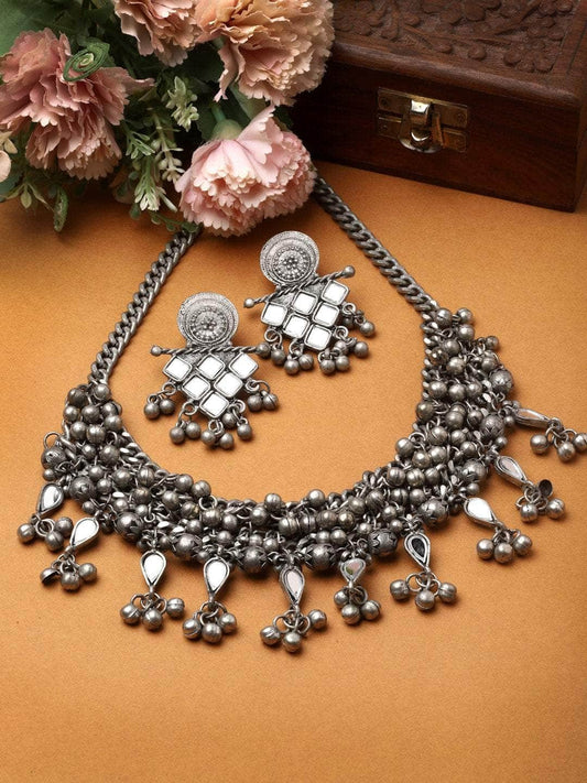 Silver Plated Ghungroo & Mirrors Studded Oxidised Jewellery Set