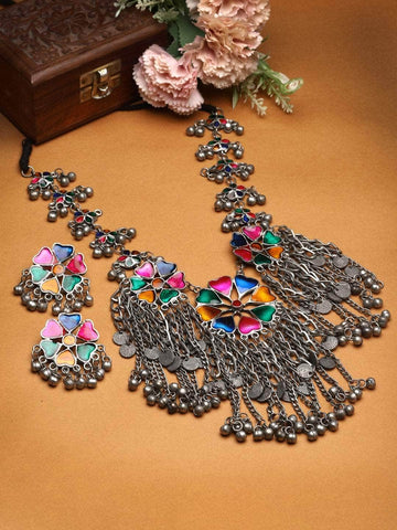 Multi Colored Meenakari Work  Ghungroo Studded  Oxidised Silver Plated Jewellery Set