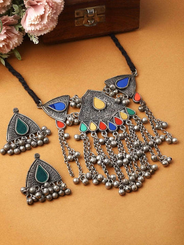 Multi Colored Mirrors & Ghungroo Studded  Oxidised Silver Plated Jewellery Set