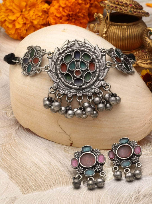 Multi Colored Meenakari Work Ghungroo Studded Oxidised  Choker Jewellery Set