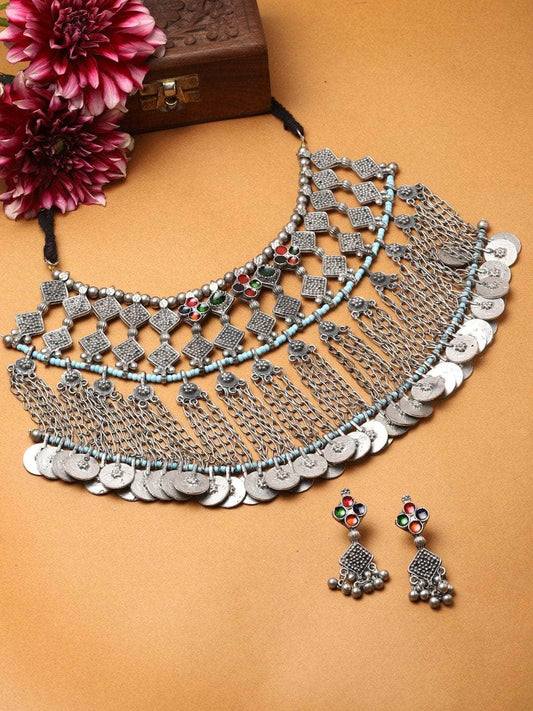 Multi Colored Meenakari Work Beads Beaded  Silver Plated Jewellery Set