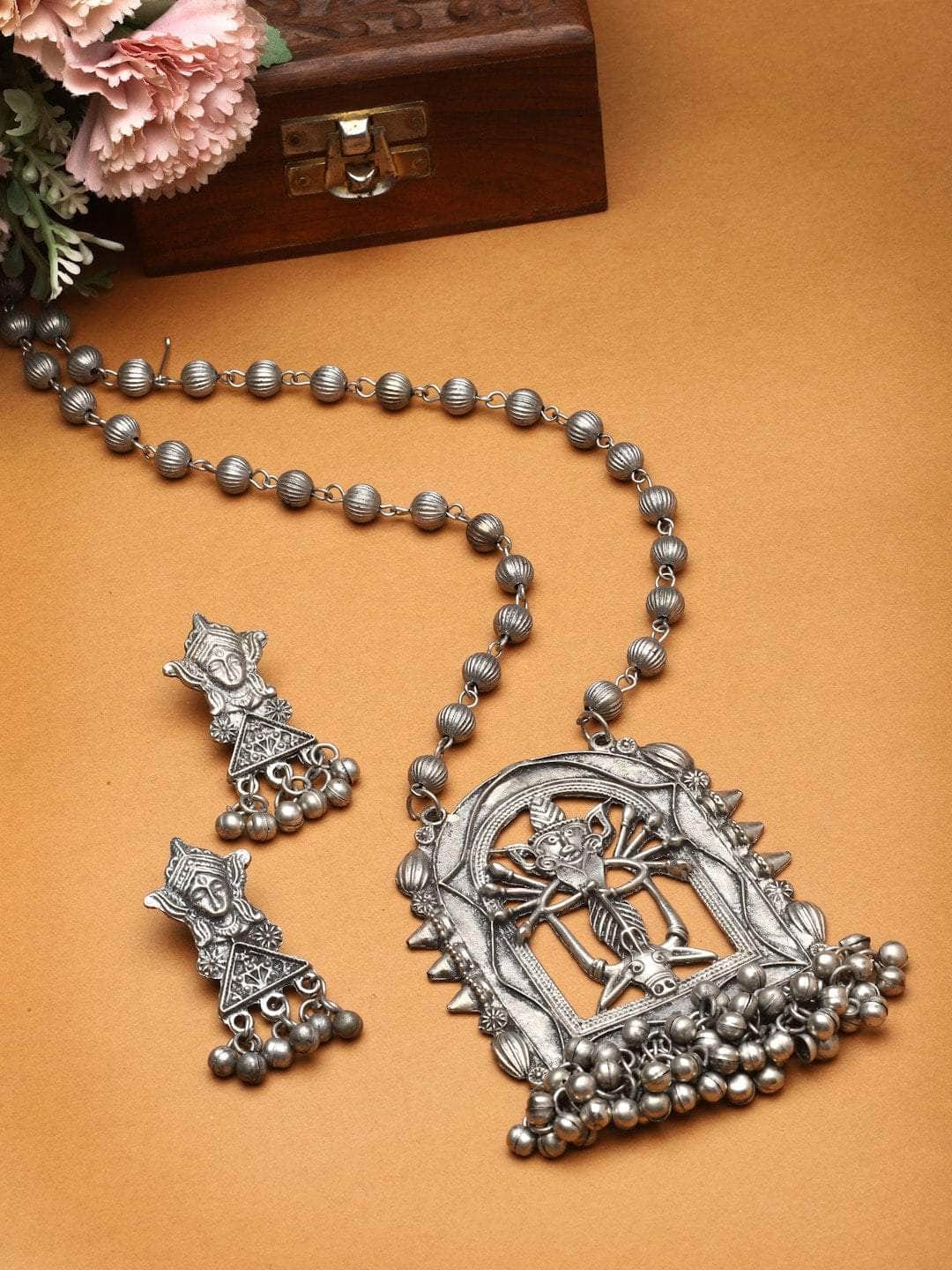 Temple Design Silver Plated Handcrafted Tasselled Jewellery Set
