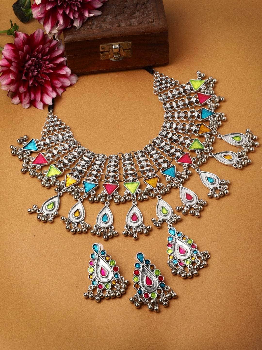 Meenakari Work Tribal Filigree Design Oxidised Silver Plated Handcrafted Jewellery Set