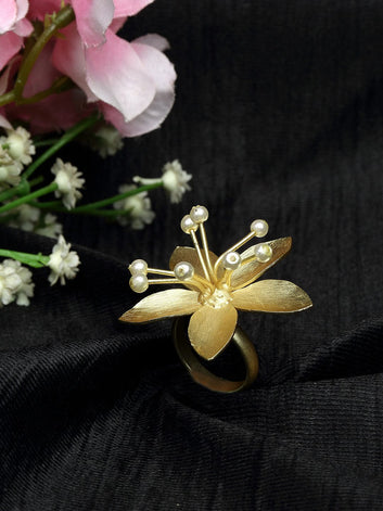 Floral Design Pearls Studded Antique Gold Plated Handcrafted Temple Finger Ring