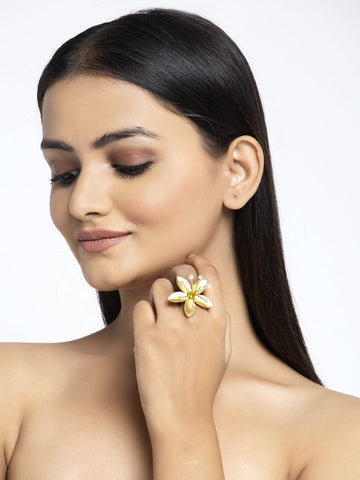 Floral Design Pearls Studded Antique Gold Plated Handcrafted Temple Finger Ring