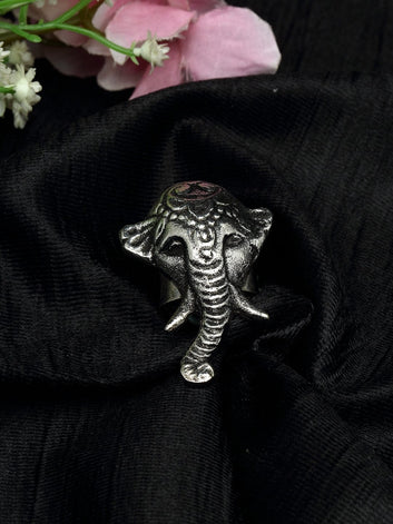 Ganesha Design Oxidised Silver Plated Handcrafted Temple Finger Ring