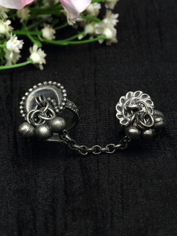 Ghungroo Studded Oxidised Silver Plated Handcrafted Tribal Double Finger Ring