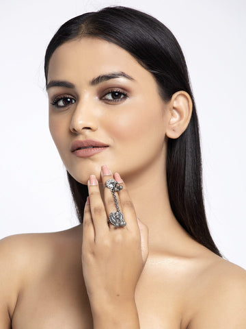 Ghungroo Studded Oxidised Silver Plated Handcrafted Tribal Double Finger Ring