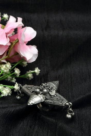 Ghungroo Studded Tribal Design Oxidised Silver Plated Handcrafted Finger Ring