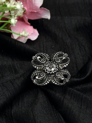 Filigree Design Oxidised Silver Plated Handcrafted Floral Finger Ring