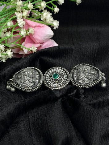 Green Stone Studded Laxmi Design Oxidised Silver Plated Handcrafted Finger Ring