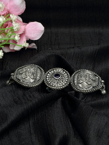 Black Stone Studded Laxmi Design Oxidised Silver Plated Handcrafted Finger Ring