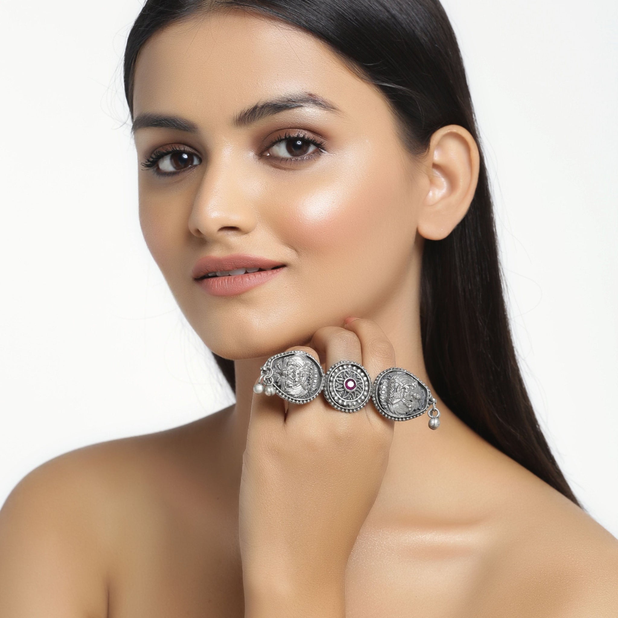 White Stone Studded Laxmi Design Oxidised Silver Plated Handcrafted Finger Ring
